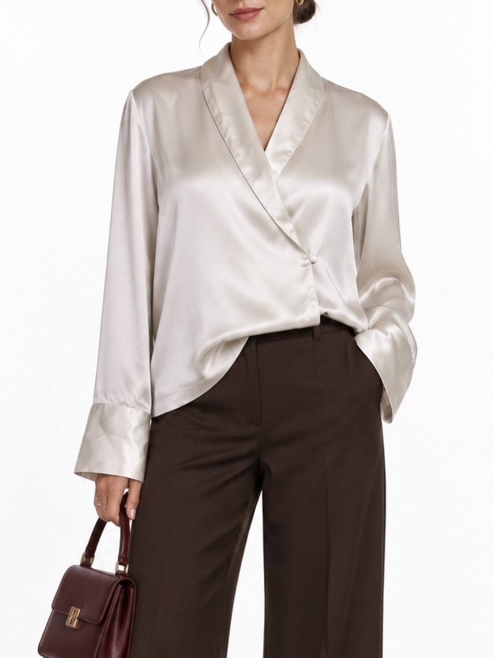 Silk Maison 100% Mulberry Silk Ivory Blouse S Shawl Collar Quiet Luxury Chic NWT
